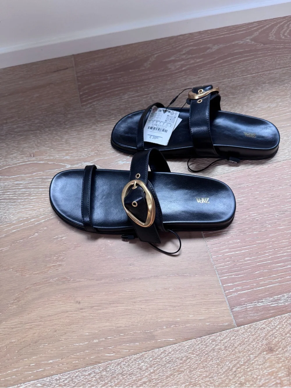 ZARA Black Slide Sandals with Oversized Gold Buckle